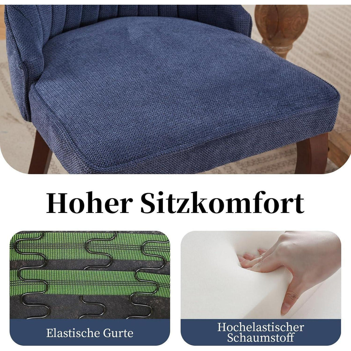 Bequeme Esszimmerstühle 2er Set, Blau mit Massivholzbeinen