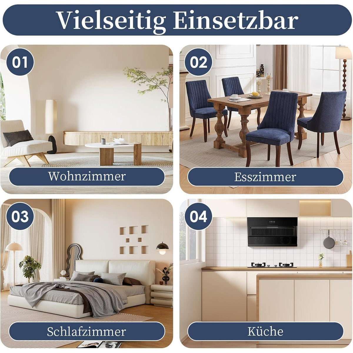 Bequeme Esszimmerstühle 2er Set, Blau mit Massivholzbeinen