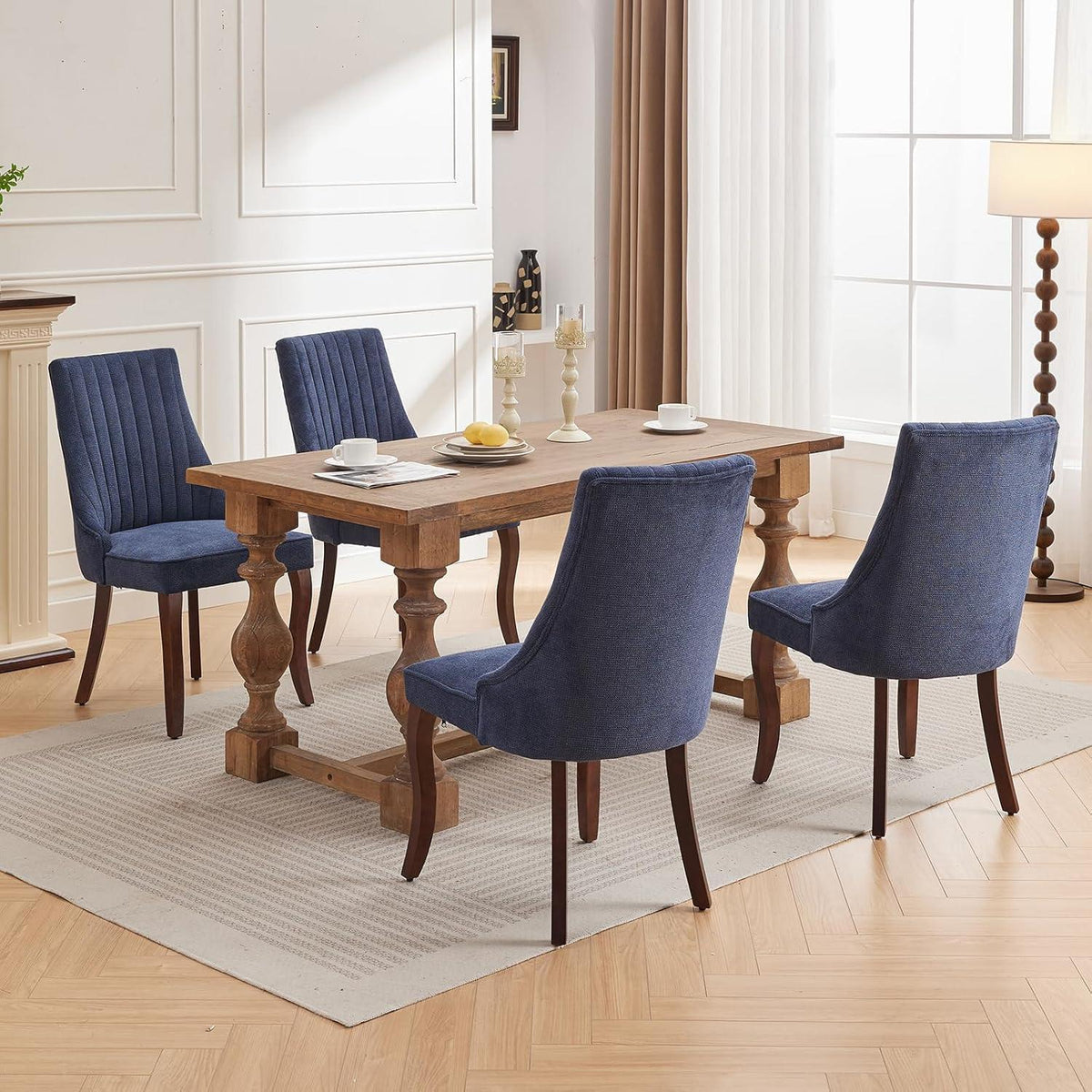 Bequeme Esszimmerstühle 2er Set, Blau mit Massivholzbeinen