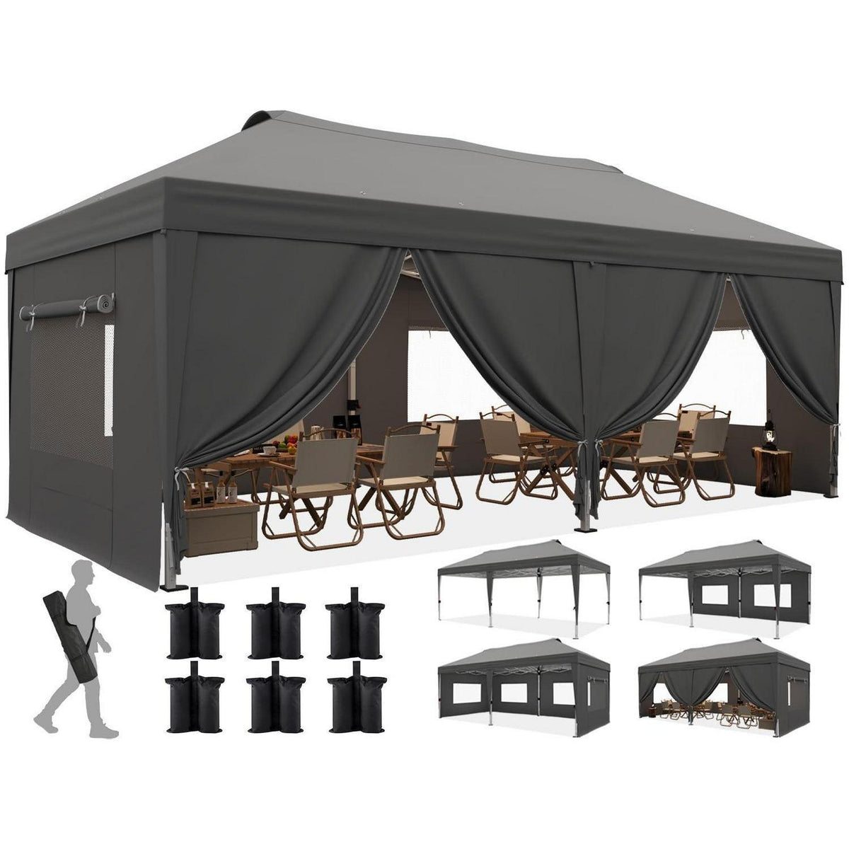 Faltpavillon 3x6m wasserdicht mit Seitenwänden & UV-Schutz