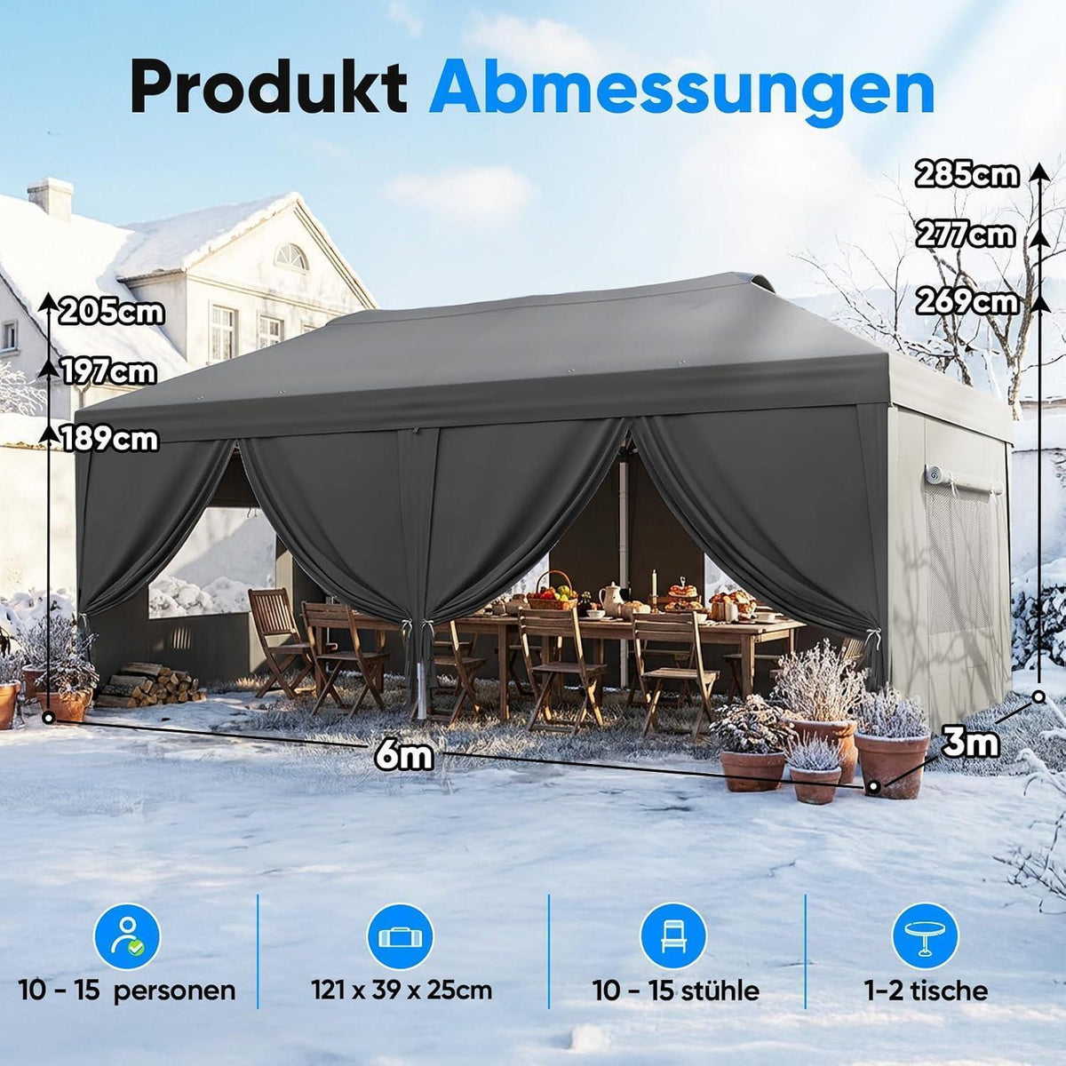 Faltpavillon 3x6m wasserdicht mit Seitenwänden & UV-Schutz