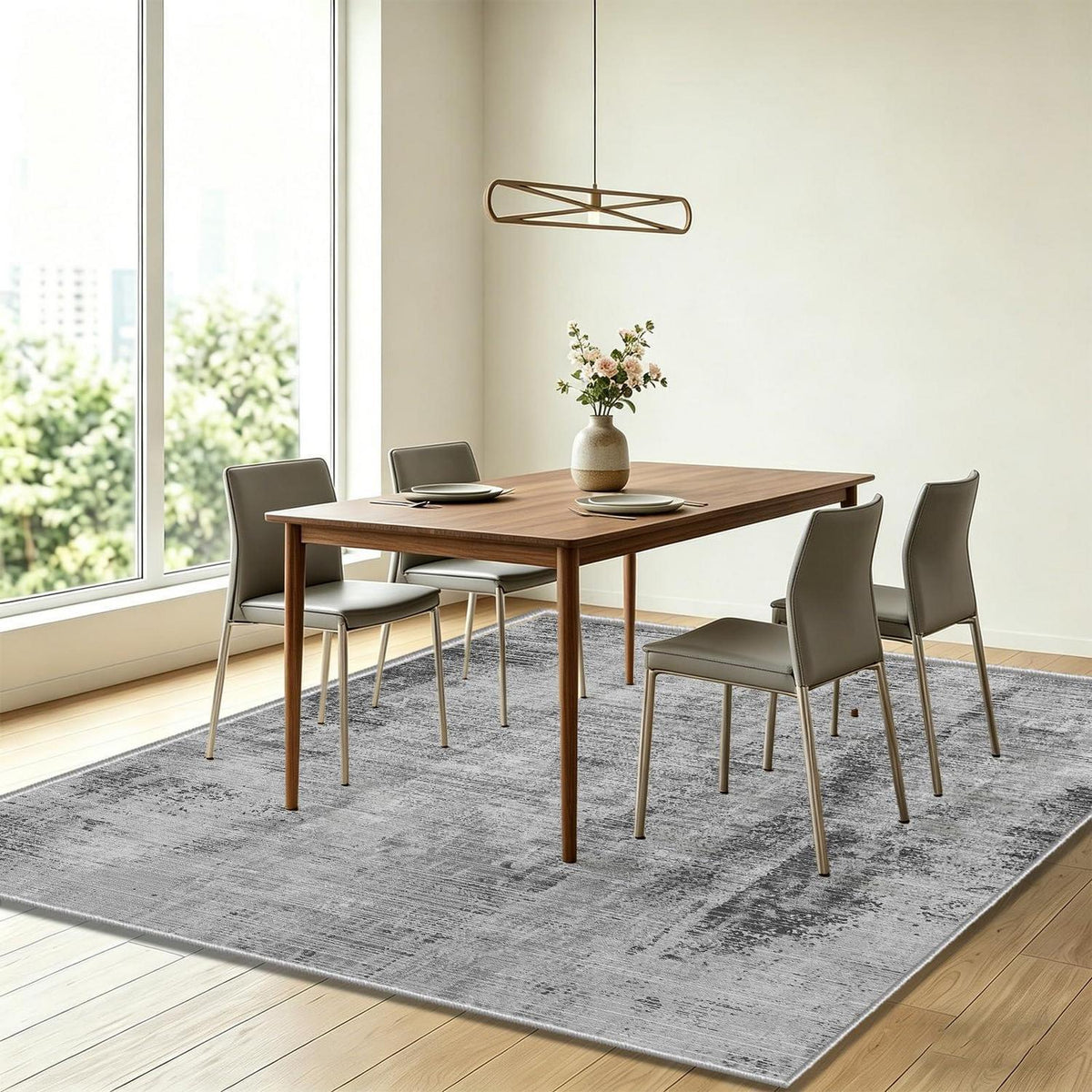Grauer Wohnzimmerteppich 160x200cm – Moderner Kurzflor Teppich