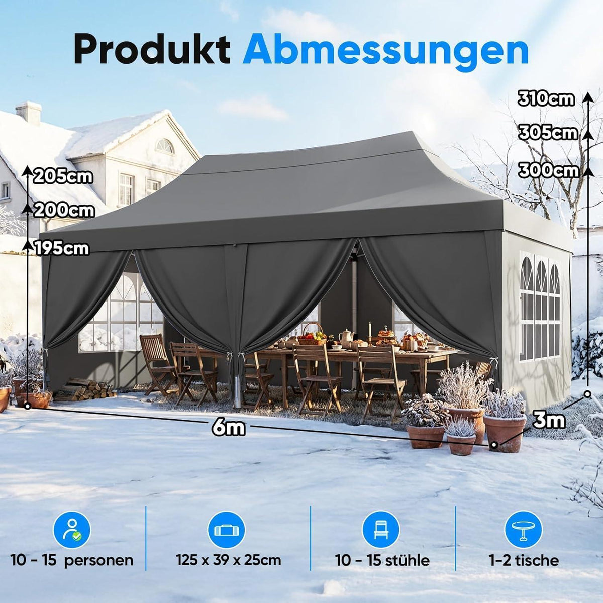 Faltpavillon 3x6m wasserdicht mit Seitenwänden & UV-Schutz