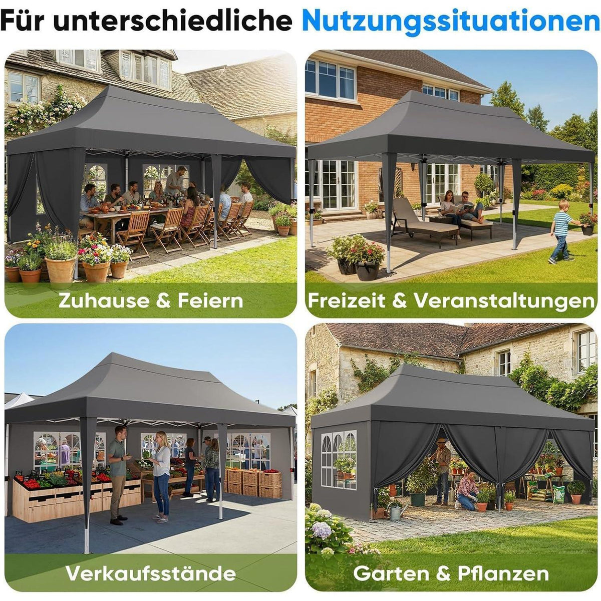 Faltpavillon 3x6m wasserdicht mit Seitenwänden & UV-Schutz