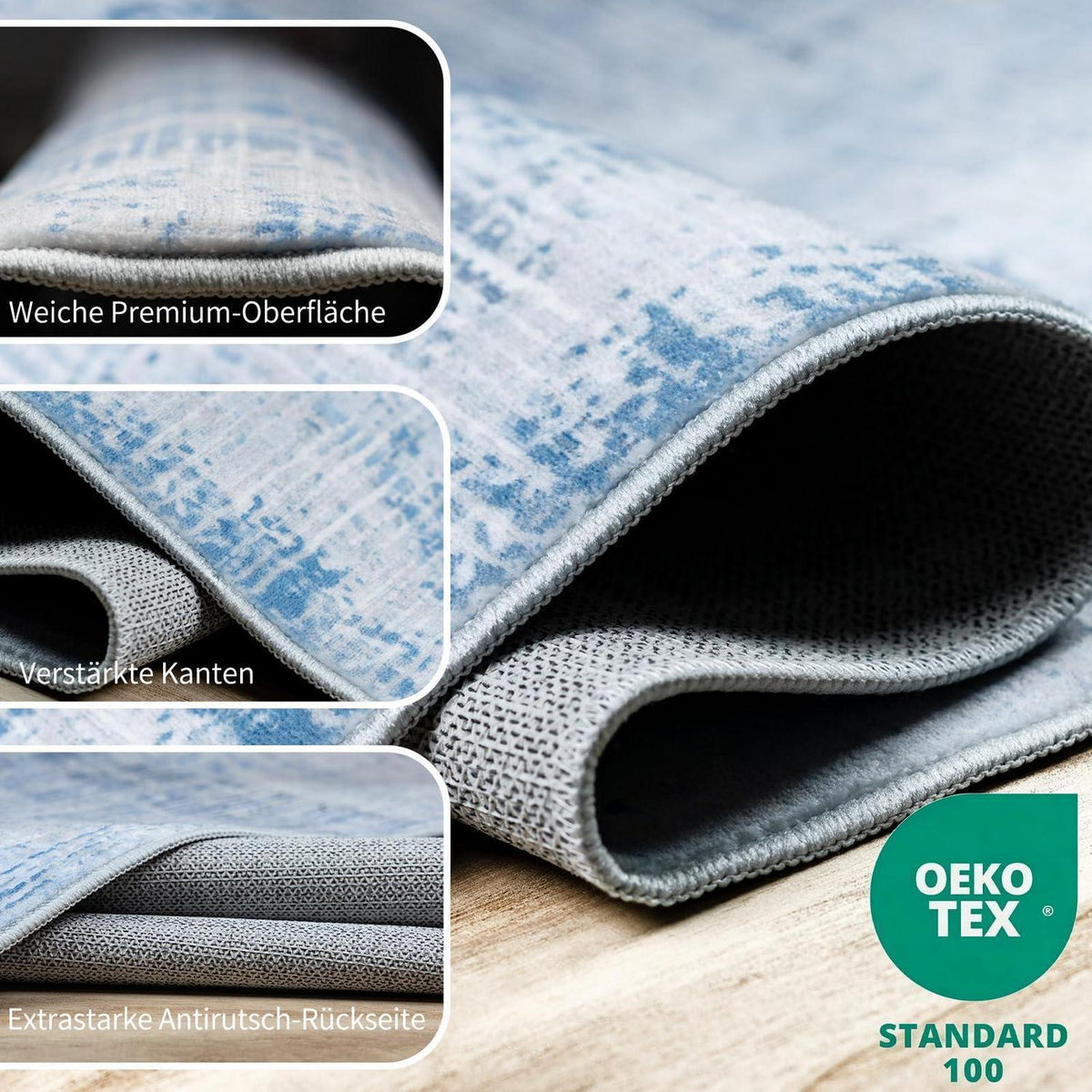 Blauer Teppich 160x230cm – Waschbar, Modern, Kurzflor & Rutschfest