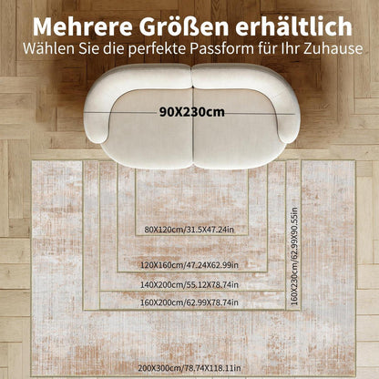 Großer Vintage Teppich 200x300cm – Hellbraun, Abstrakt & Waschbar