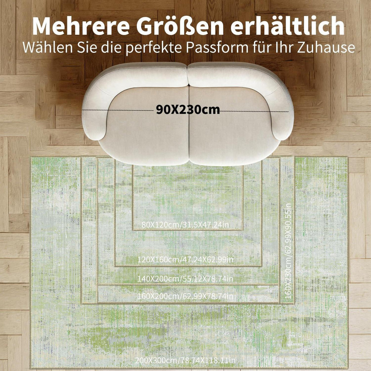 Grüner Teppich 200x300 cm – Waschbar, Rutschfest & Modern