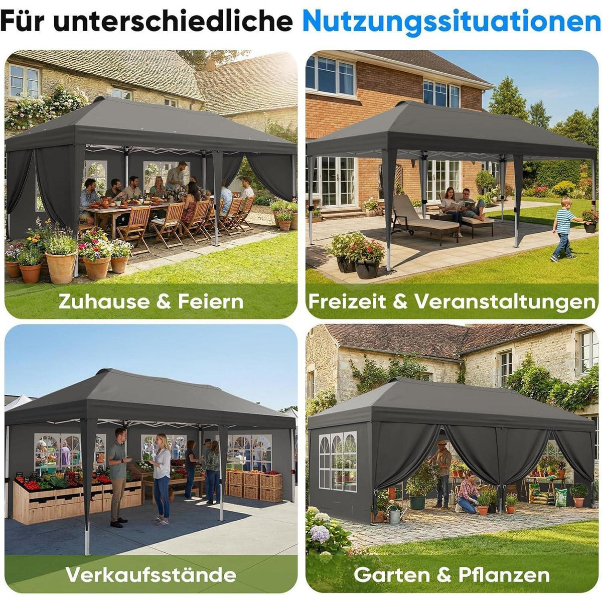 Faltpavillon 3x6m mit Seitenwänden & UV-Schutz