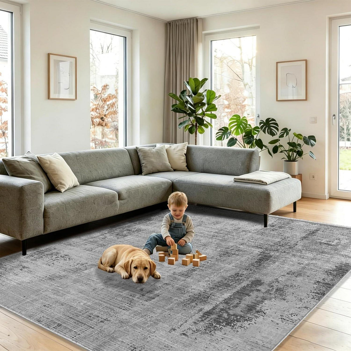 Grauer abstrakter Teppich 140x200cm – Waschbar, Rutschfest & Modern