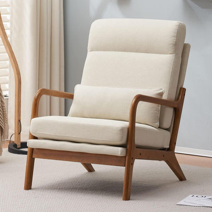 Cremeweißer Lounge-Sessel mit Massivholzrahmen & Mid-Century Stil