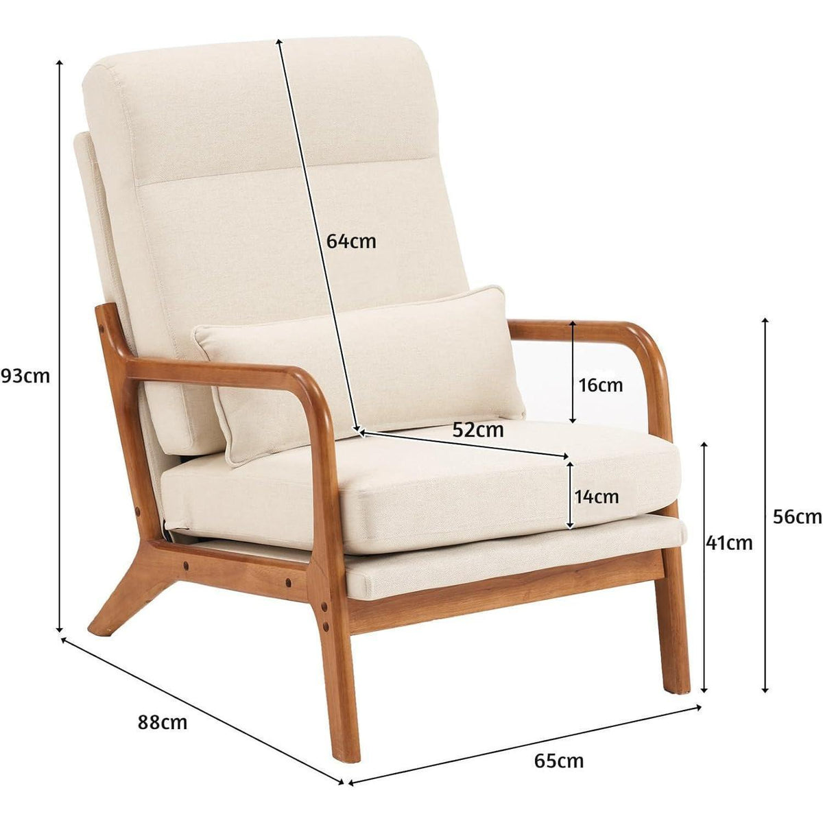 Cremeweißer Lounge-Sessel mit Massivholzrahmen & Mid-Century Stil