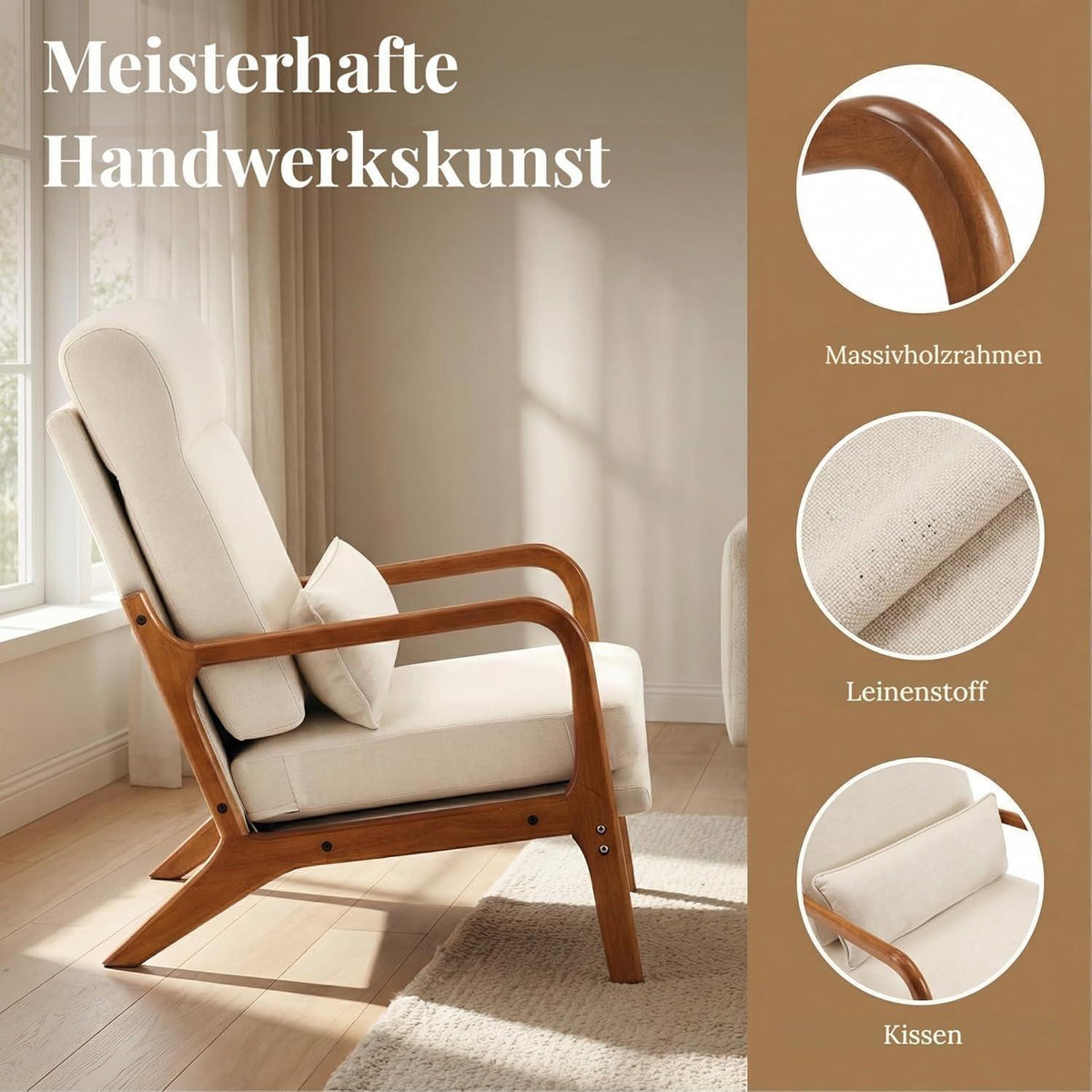 Cremeweißer Lounge-Sessel mit Massivholzrahmen & Mid-Century Stil