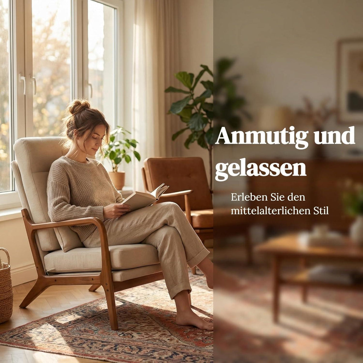 Cremeweißer Lounge-Sessel mit Massivholzrahmen & Mid-Century Stil