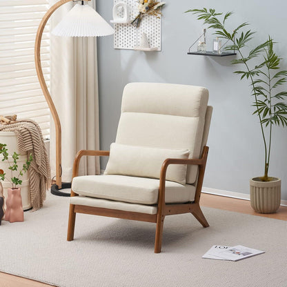 Cremeweißer Lounge-Sessel mit Massivholzrahmen & Mid-Century Stil