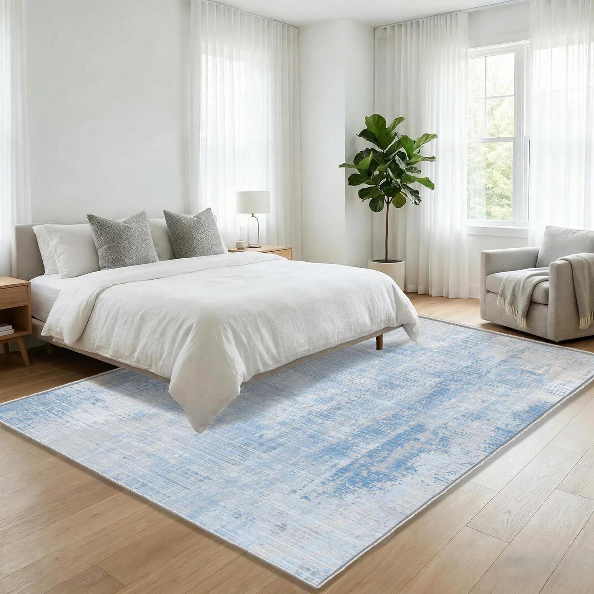 Blauer Waschtbarer Teppich 140x200cm – Modern Abstrakter Kurzflor