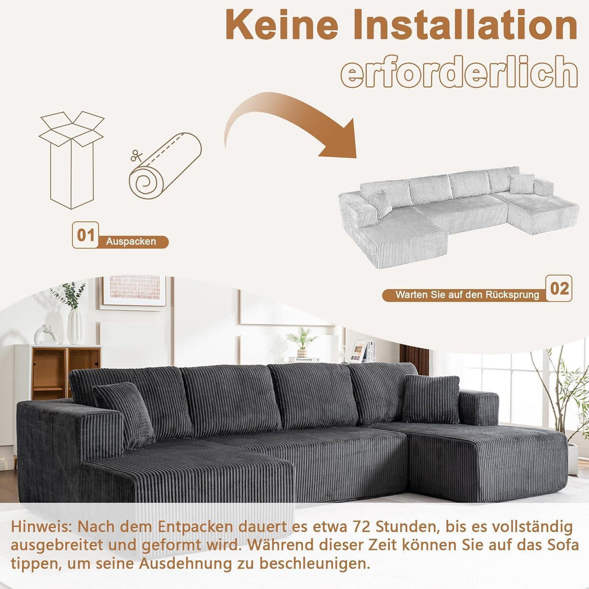 Modernes U-Sofa 4-Sitzer mit Kissen, Grau, Cord Stoff, Kein Aufbau