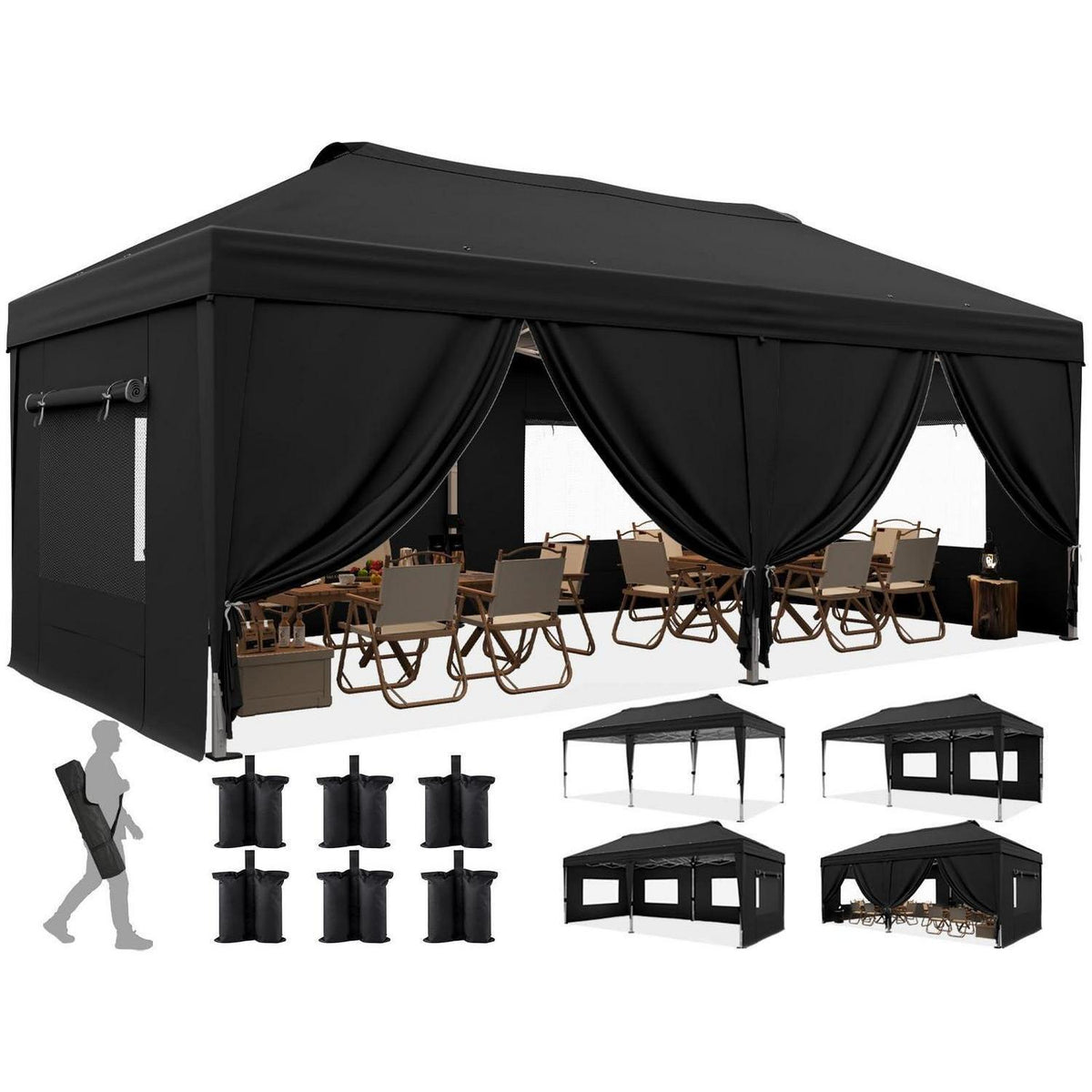 Faltpavillon 3x6m wasserdicht mit Seitenwänden & UV-Schutz
