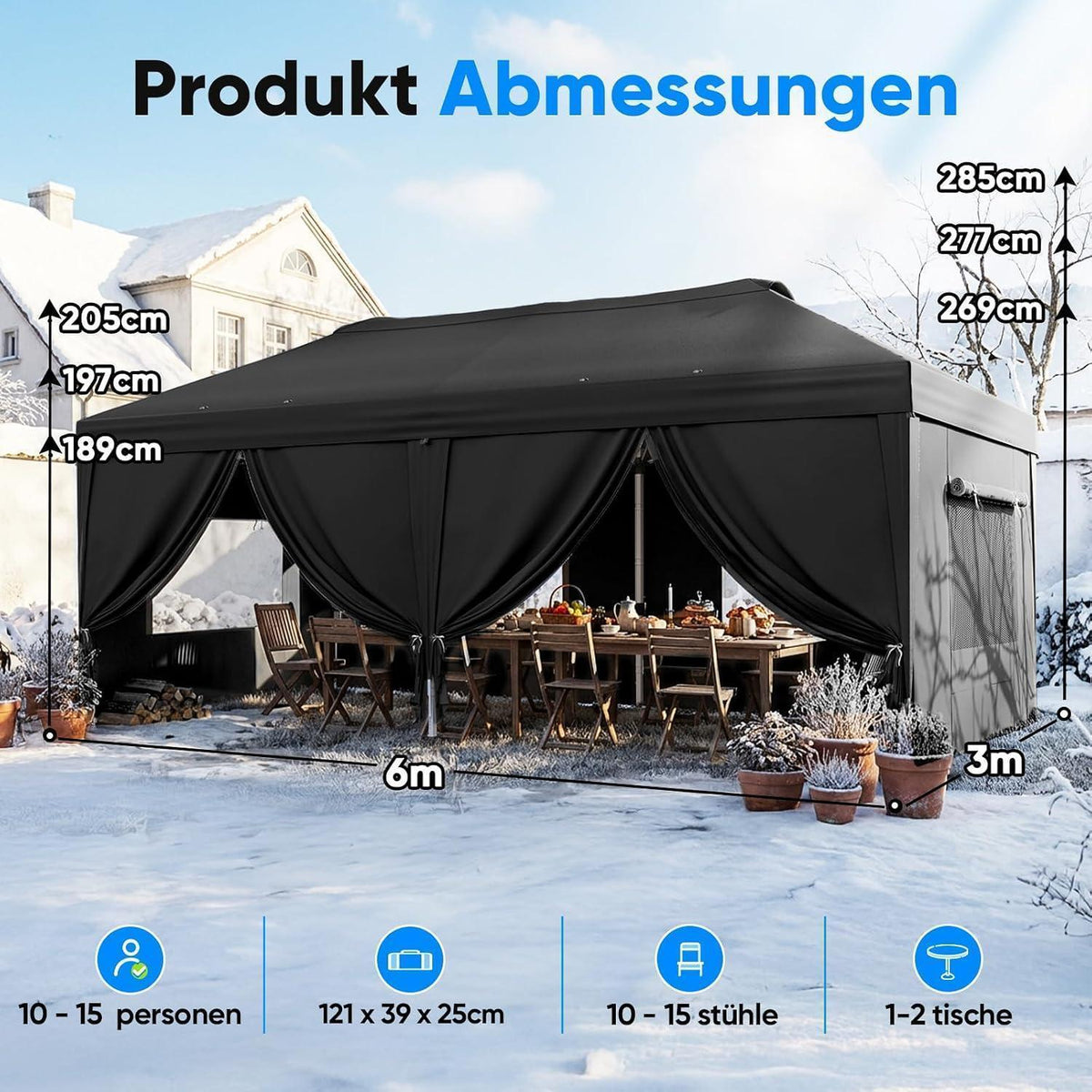 Faltpavillon 3x6m wasserdicht mit Seitenwänden & UV-Schutz