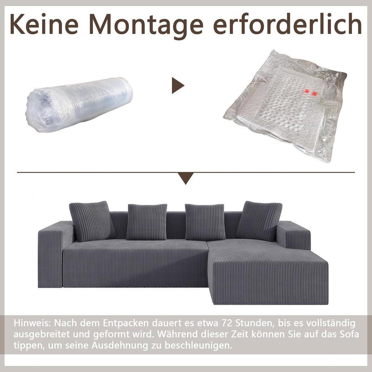 Modernes 3-Sitzer Sofa mit Liegefunktion & Kissen (Grau)