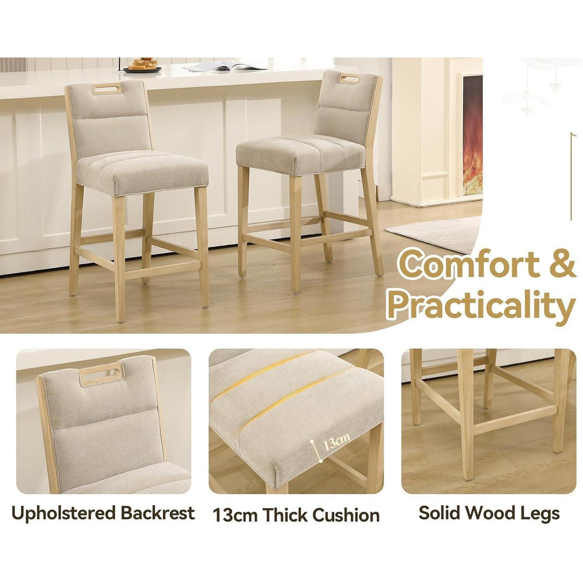 Barhocker Set 4er – Chenille, Beige, mit Fußstütze