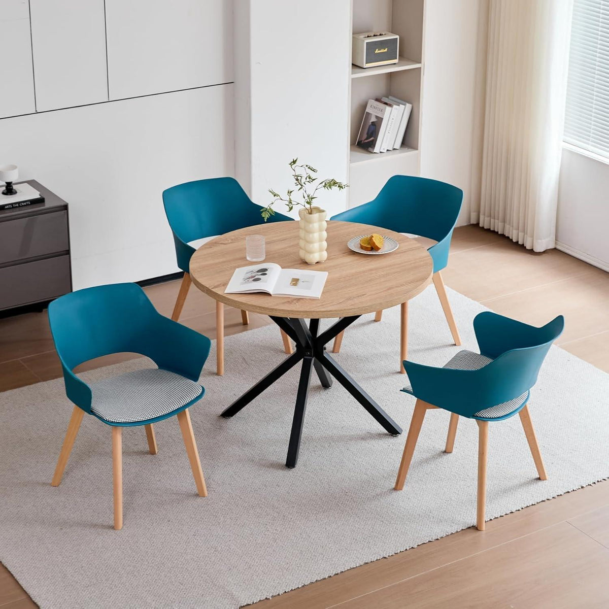 8 Esszimmerstühle mit Armlehne, Massivholz & Stoff, Blau