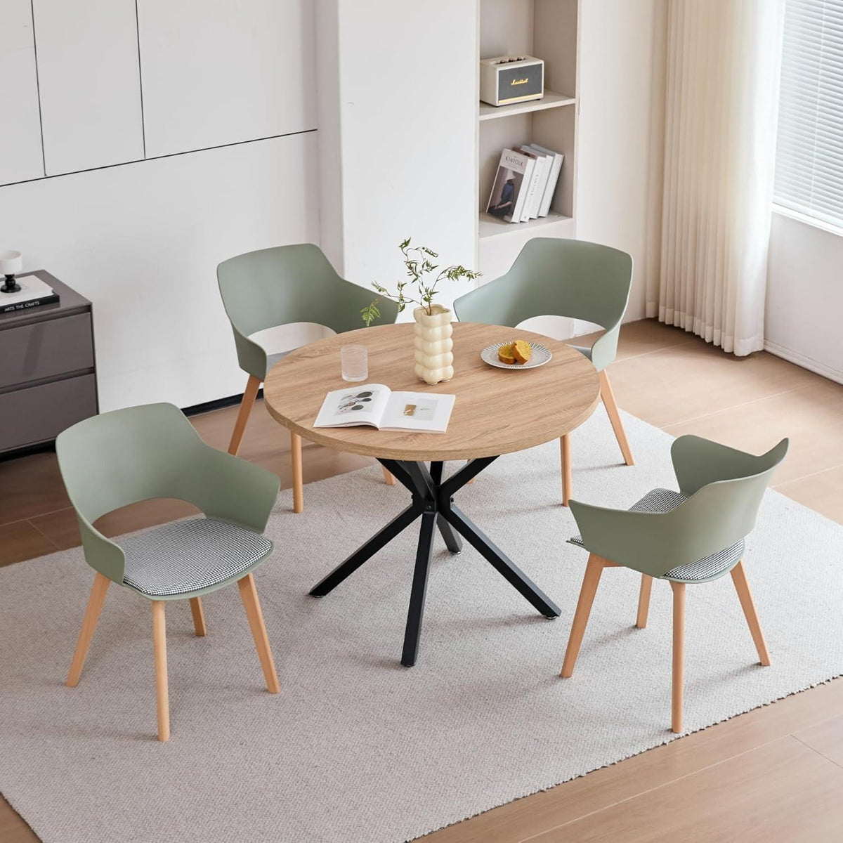 8 Esszimmerstühle mit Armlehne, Massivholz & Stoff, Weiß+Grün