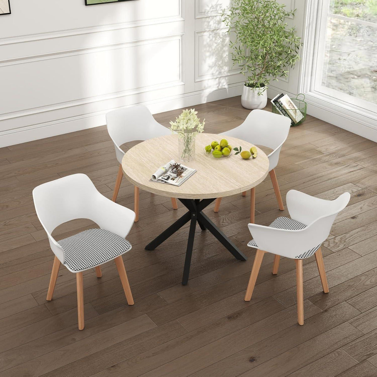 8 Esszimmerstühle mit Stoffpolster & Massivholzbeinen Weiß+Rosa