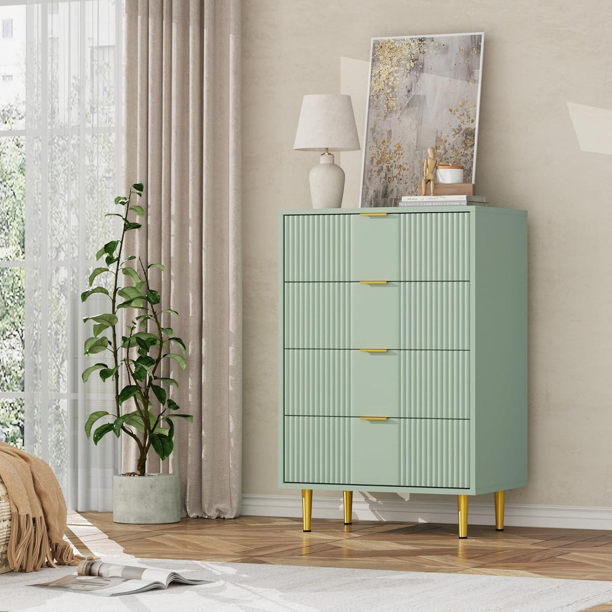 Kommode mit 4 Schubladen, Olivgrün – Schlafzimmer & Wohnzimmer