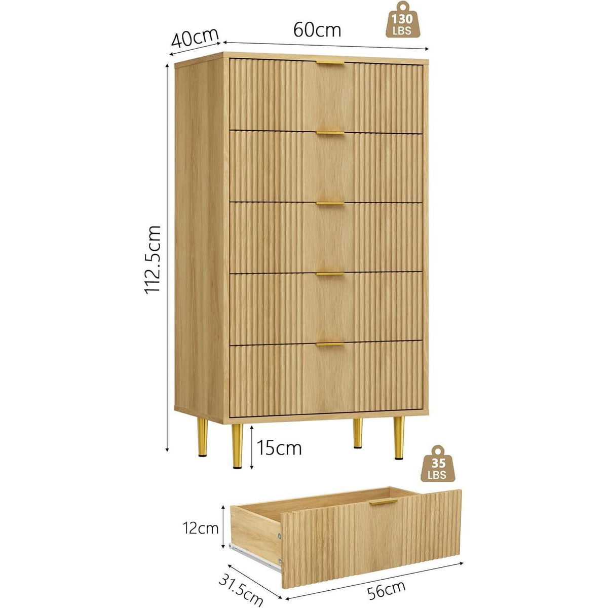 Kommode mit 5 Schubladen | Eiche | 60x40x112 cm