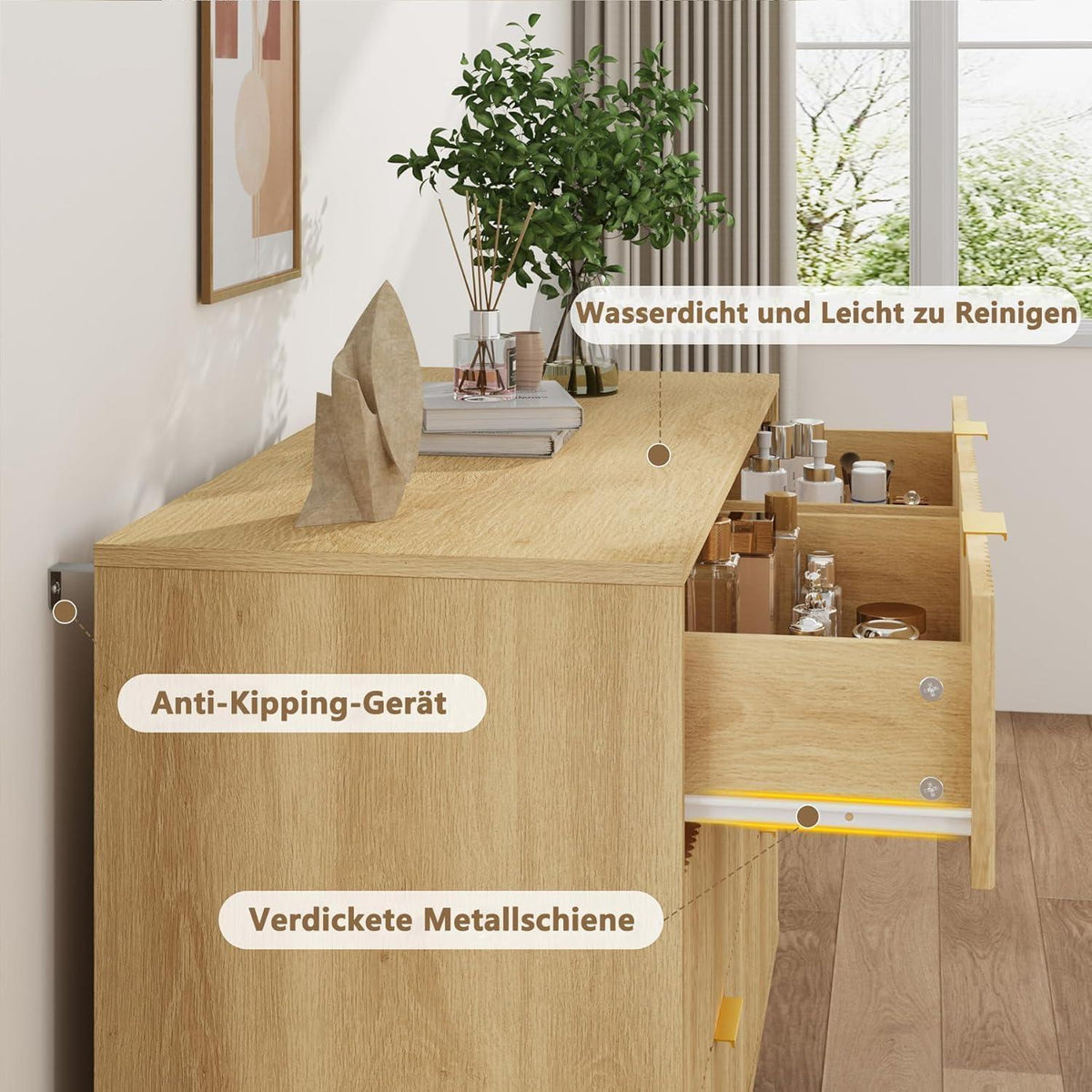 Kommode mit 6 Schubladen, Eiche, 100x40x75 cm – Schlafzimmer Möbel