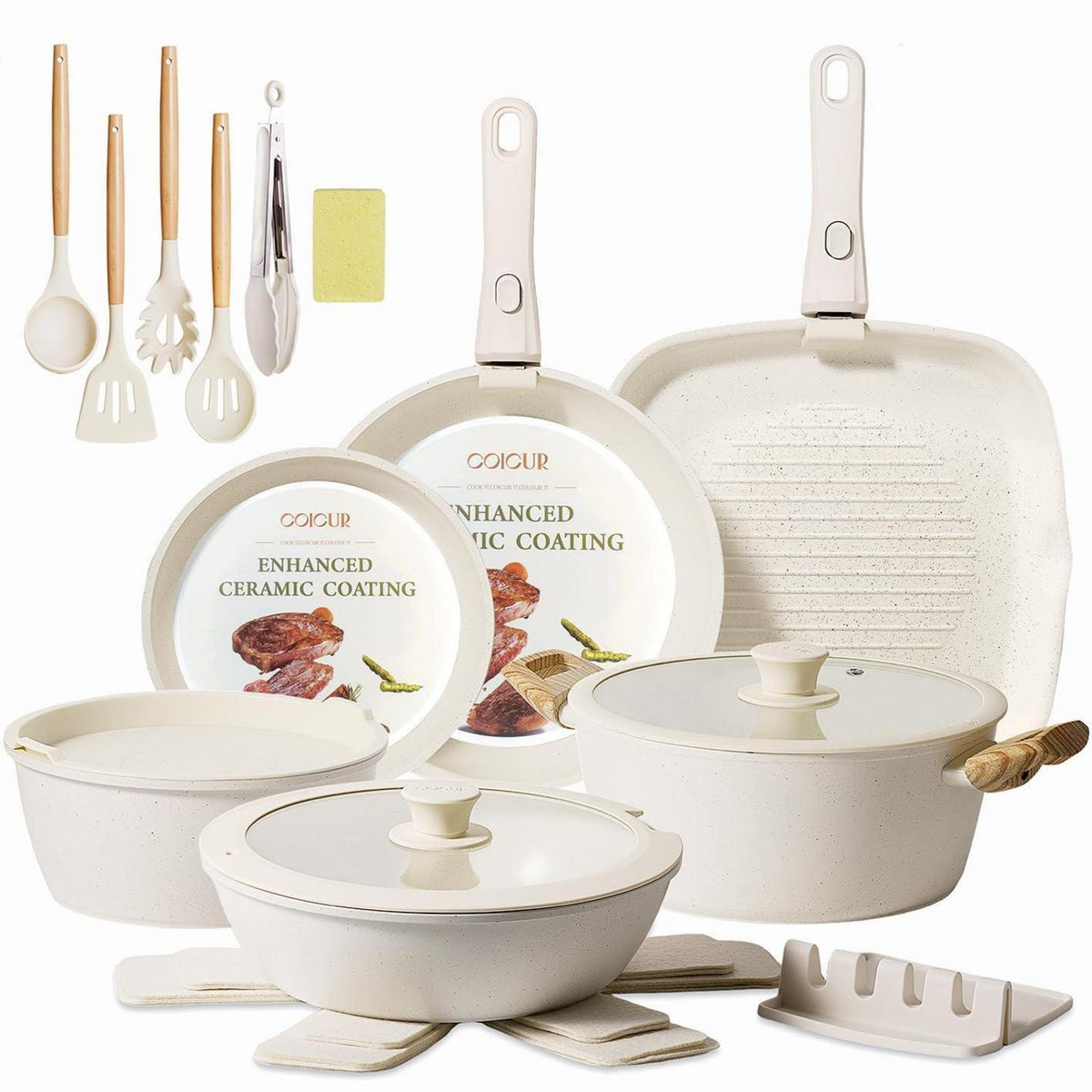 23-teiliges Keramik Topfset Antihaft – Beige, Ofenfest & Stapelbar
