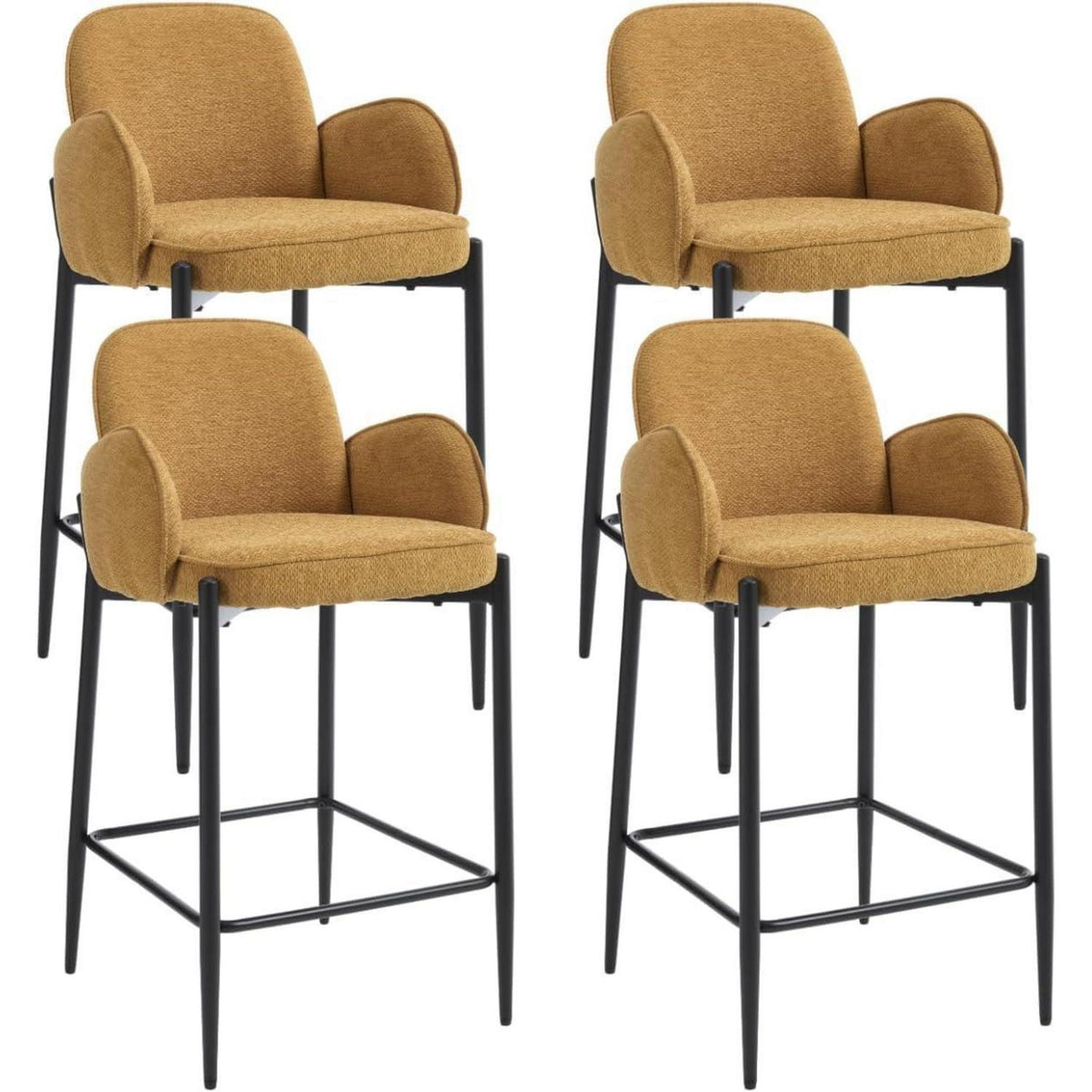 Moderner Barhocker 4er Set mit Chenille-Polster & Metallfüßen – Gelb