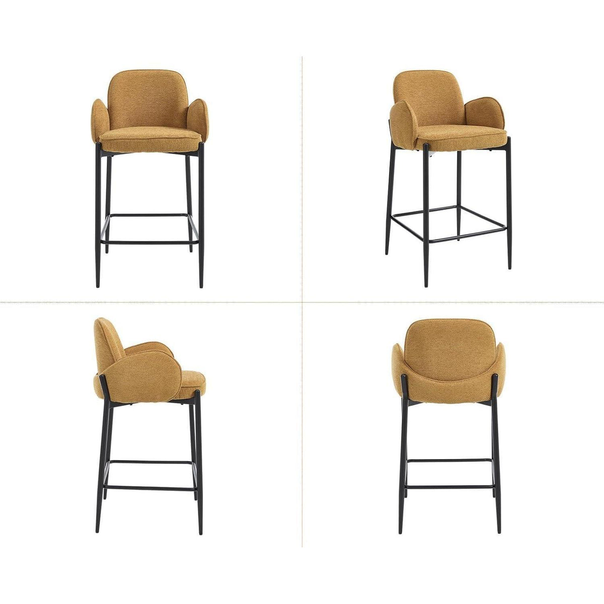 Moderner Barhocker 2er Set mit Chenille-Polster & Metallfüßen – Gelb