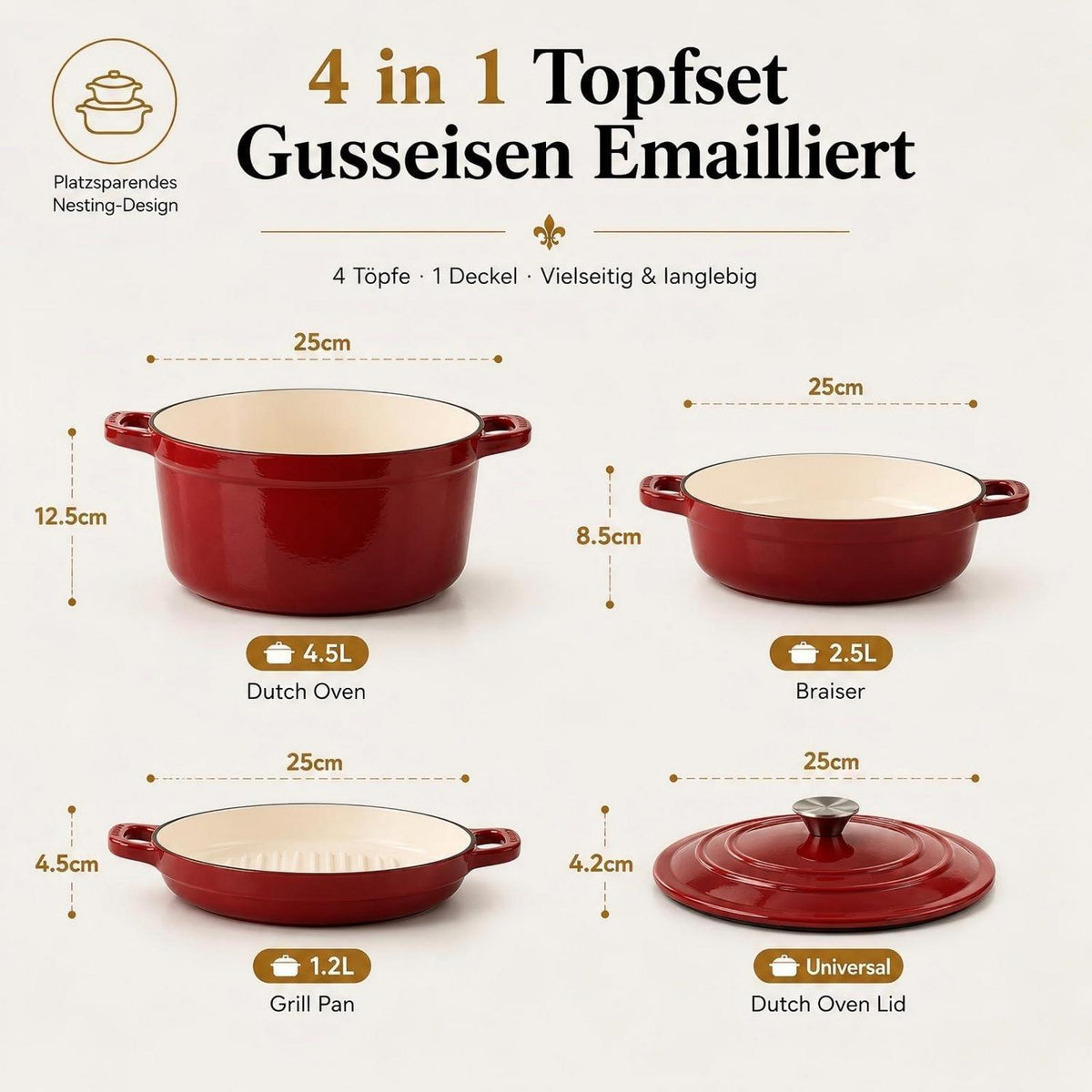 Emailliertes Gusseisen Topfset 4-teilig Rot – Dutch Oven & mehr