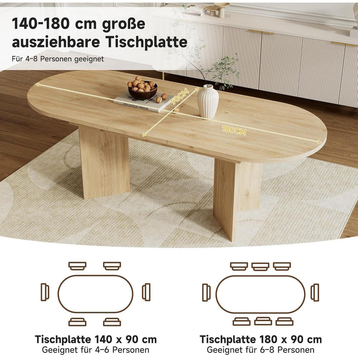 Ausziehbarer Esstisch Holz Eiche 140-180 cm