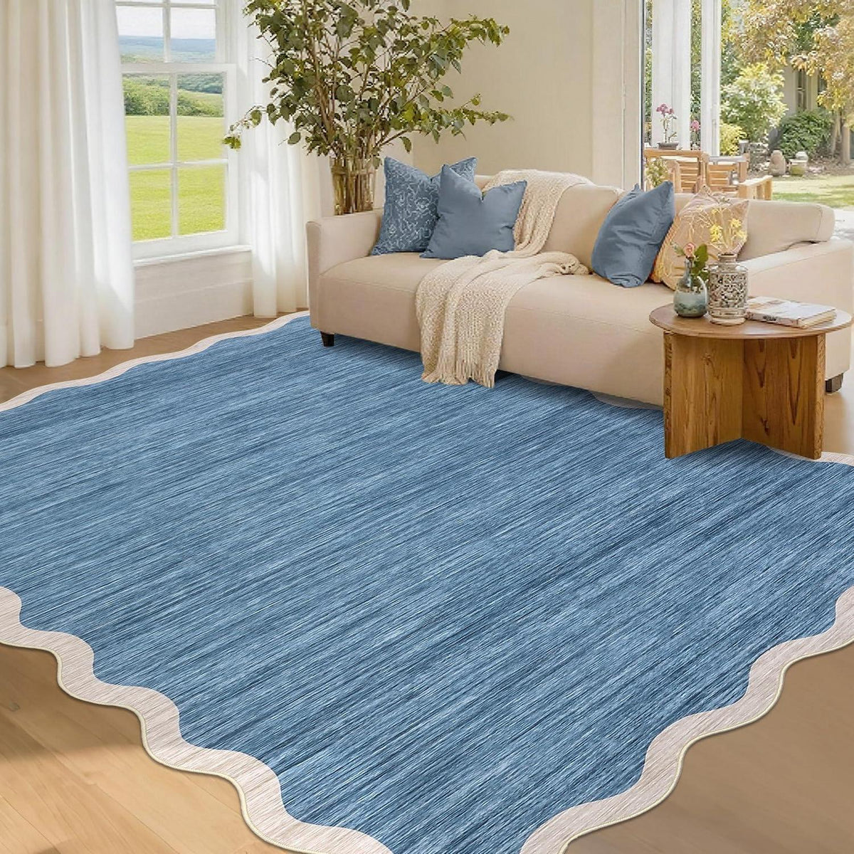 Grauer/Blauer Wellenkanten Teppich 200x290 cm – Rutschfest & Waschbar