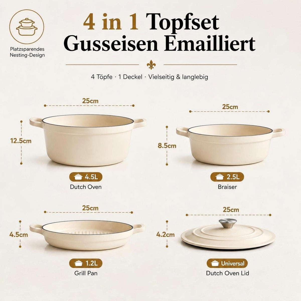 Emailliertes Gusseisen Topfset 4-teilig – Weiß