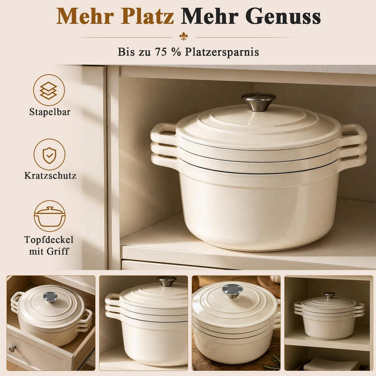 Emailliertes Gusseisen Topfset 4-teilig – Weiß