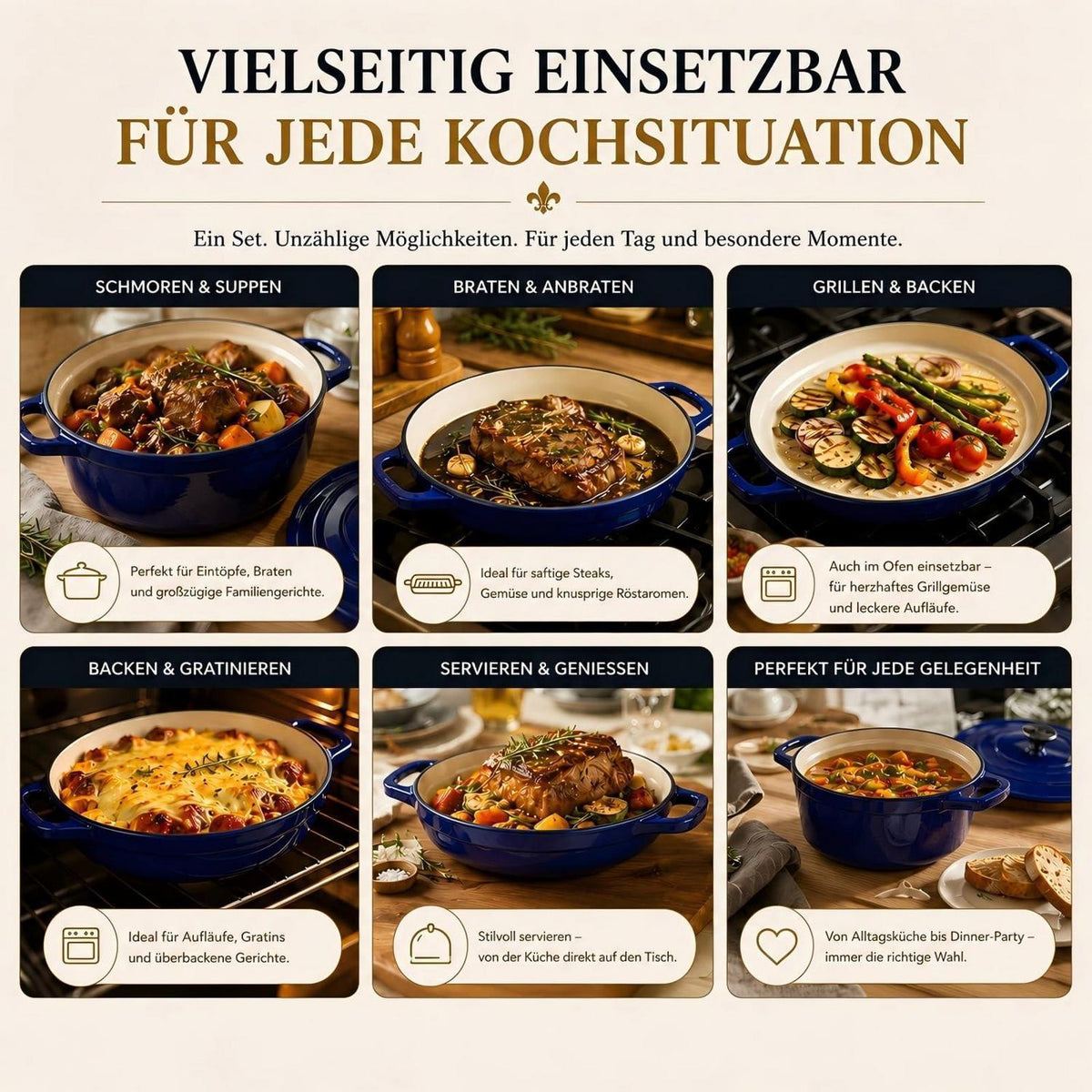 Emailliertes Gusseisen Topfset 4-teilig Blau – Dutch Oven & mehr
