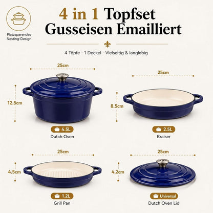 Emailliertes Gusseisen Topfset 4-teilig Blau – Dutch Oven & mehr