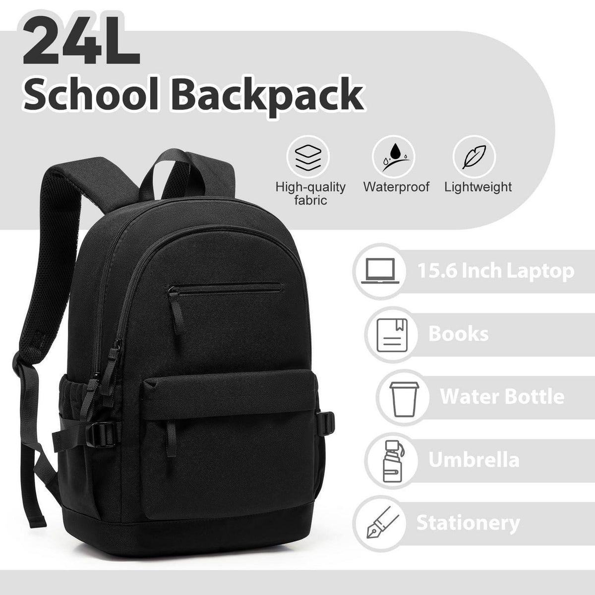 Schulrucksack Schwarz Wasserdicht mit Laptopfach für Teenager