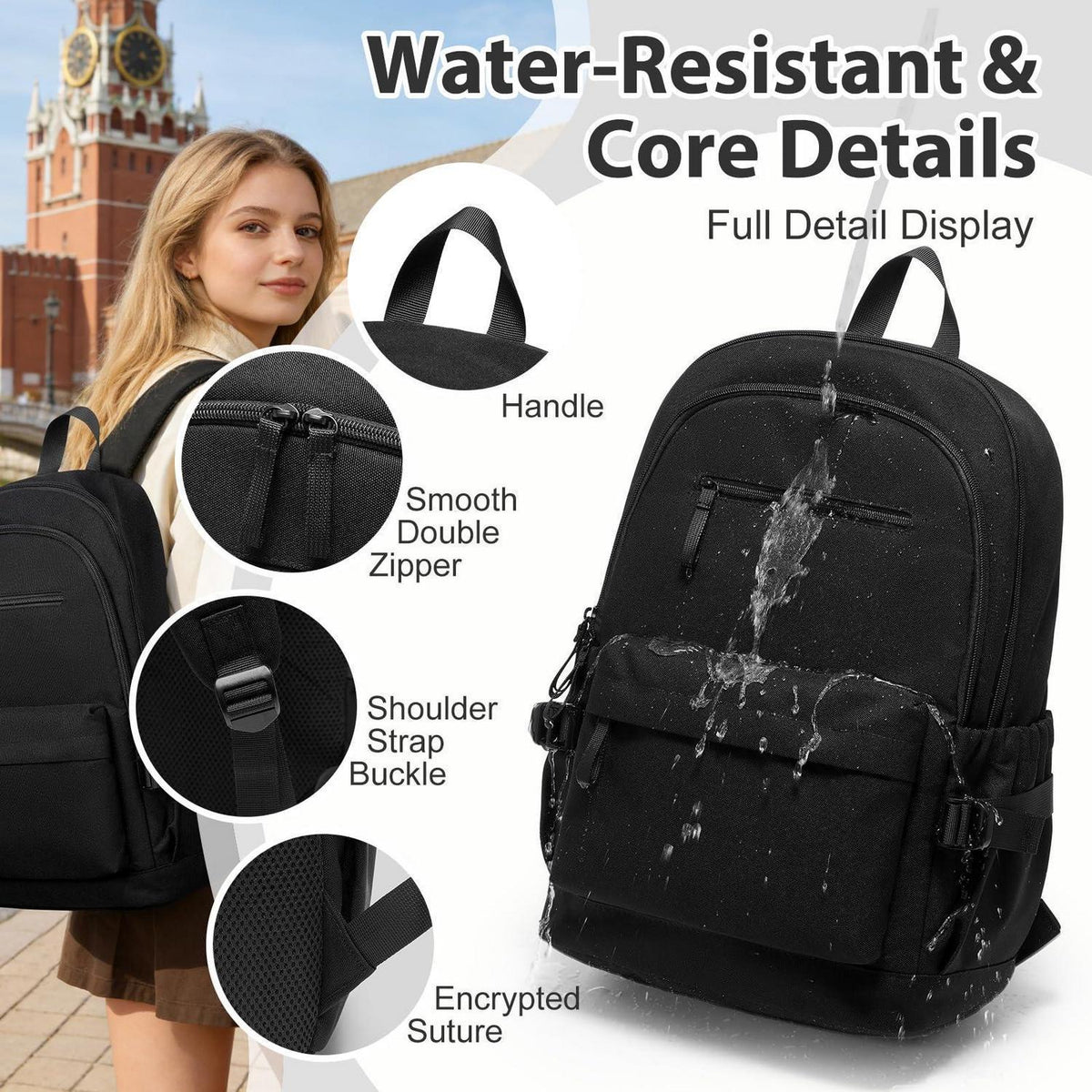Schulrucksack Schwarz Wasserdicht mit Laptopfach für Teenager