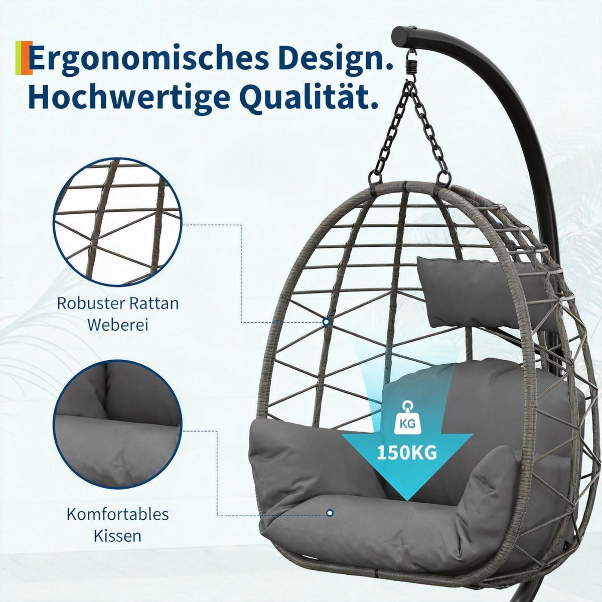 Rattan Hängesessel mit Gestell – Grau, Outdoor & Indoor