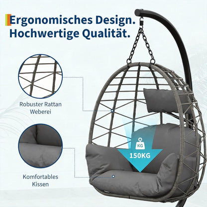 Rattan Hängesessel mit Gestell – Grau, Outdoor & Indoor