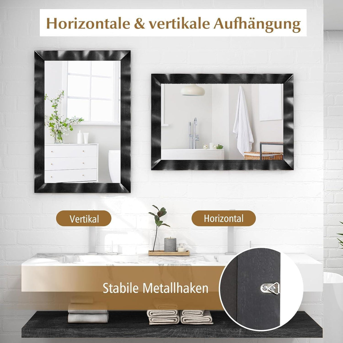 Wandspiegel Rechteckig Holzrahmen Wellenrelief Schwarz 106x71,5 cm