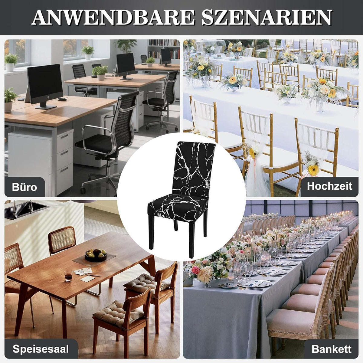 Stretch Stuhlhussen 4er Set – Schwarz mit Silber