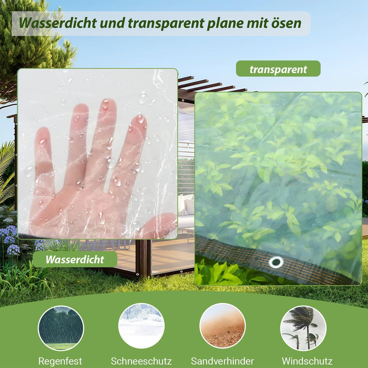 Transparente Abdeckplane mit Ösen, wasserdicht, 4x2m