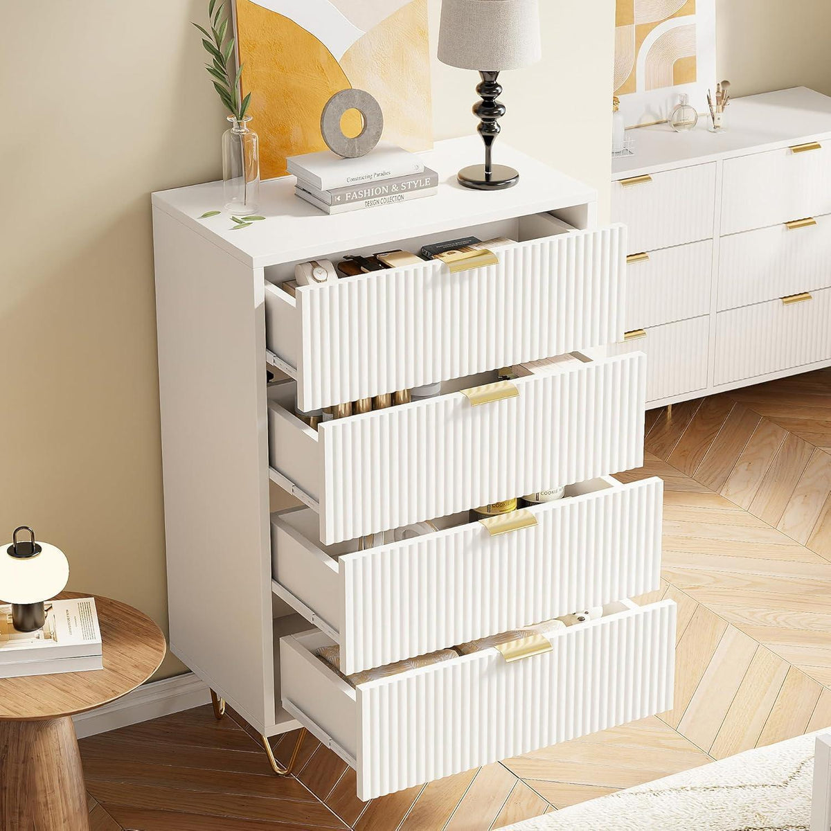 Kommode 4 Schubladen Weiß Elfenbein | Schlafzimmer Möbel mit Kippschutz