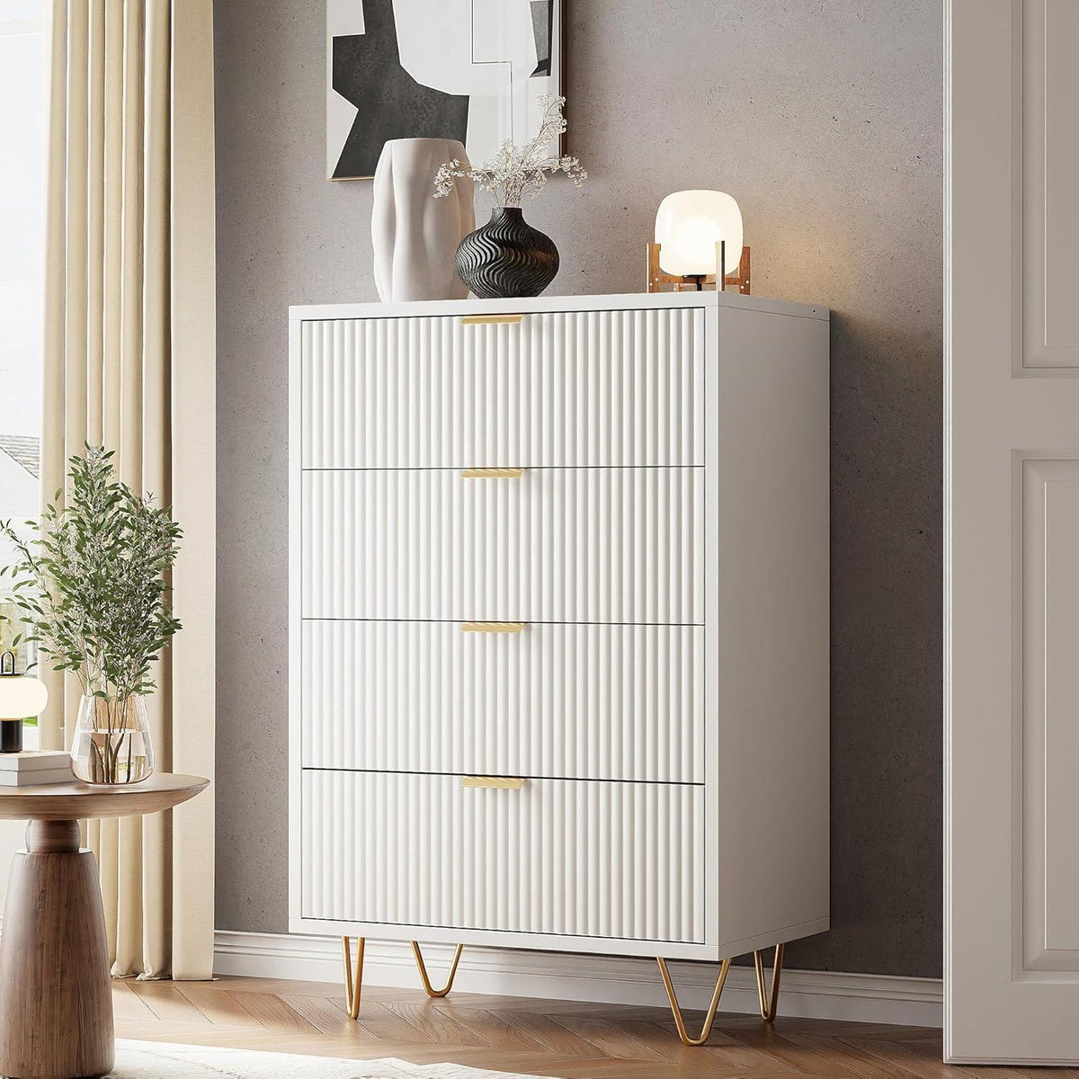 Kommode 4 Schubladen Weiß Elfenbein | Schlafzimmer Möbel mit Kippschutz