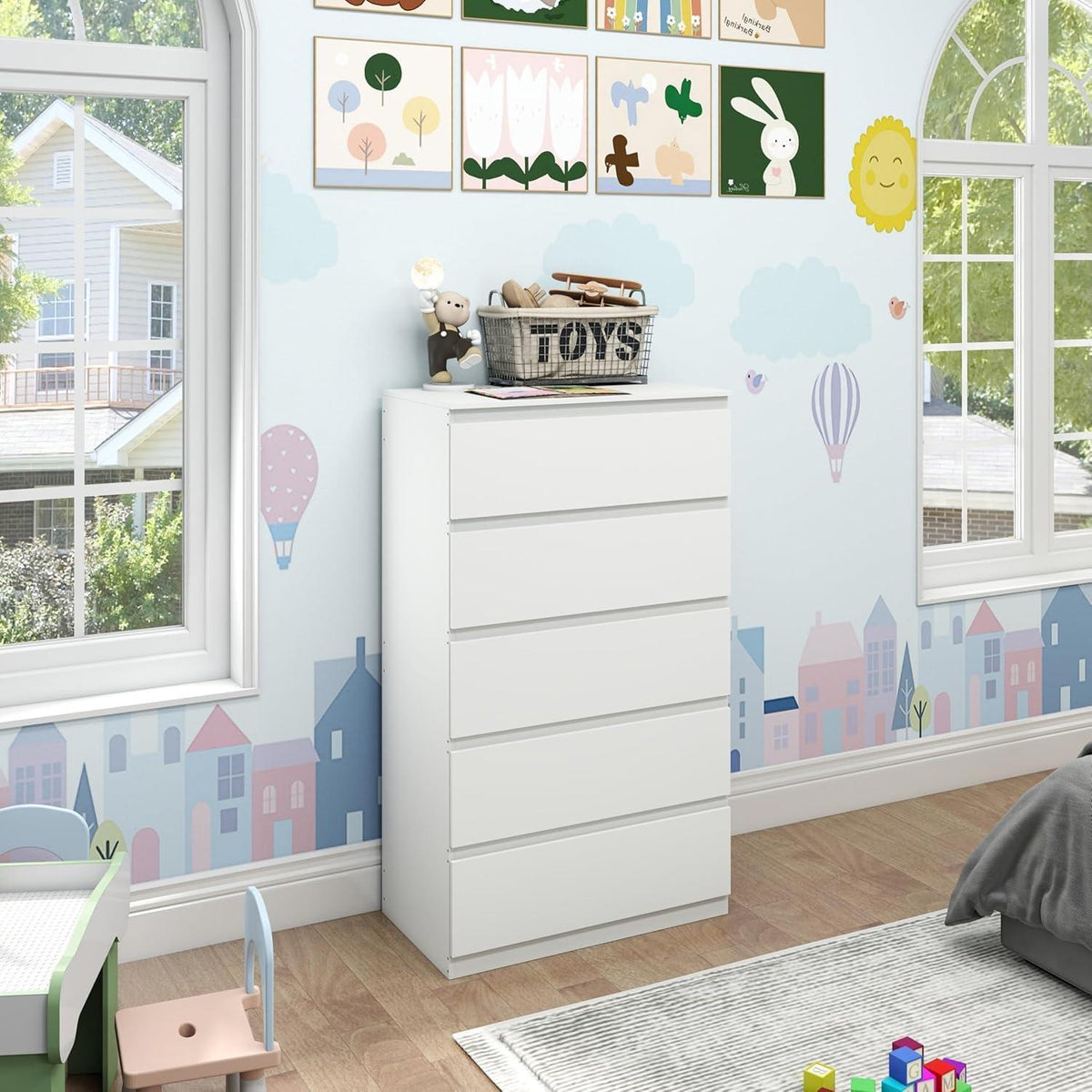 Kommode mit 5 Schubladen | Schmale Weiß Kommode für Schlafzimmer
